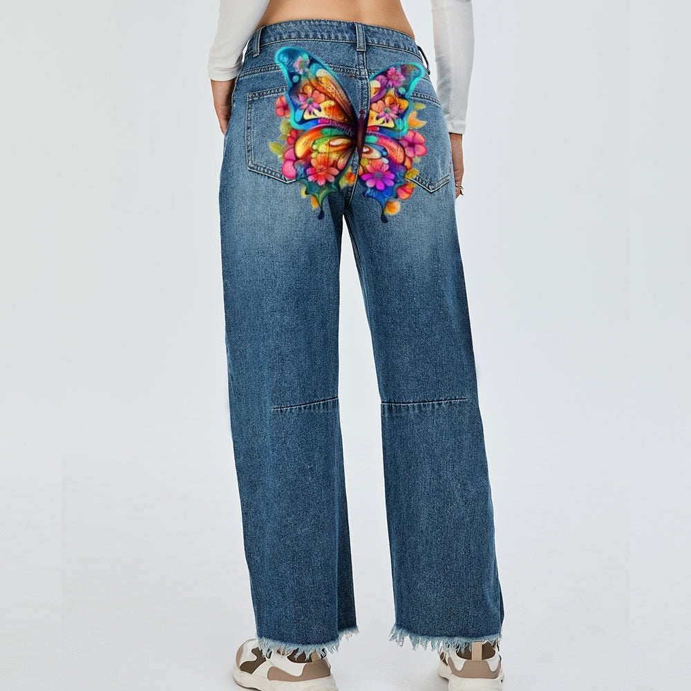 Women Colorful Butterfly Graphic Baggy Straight Leg Jean