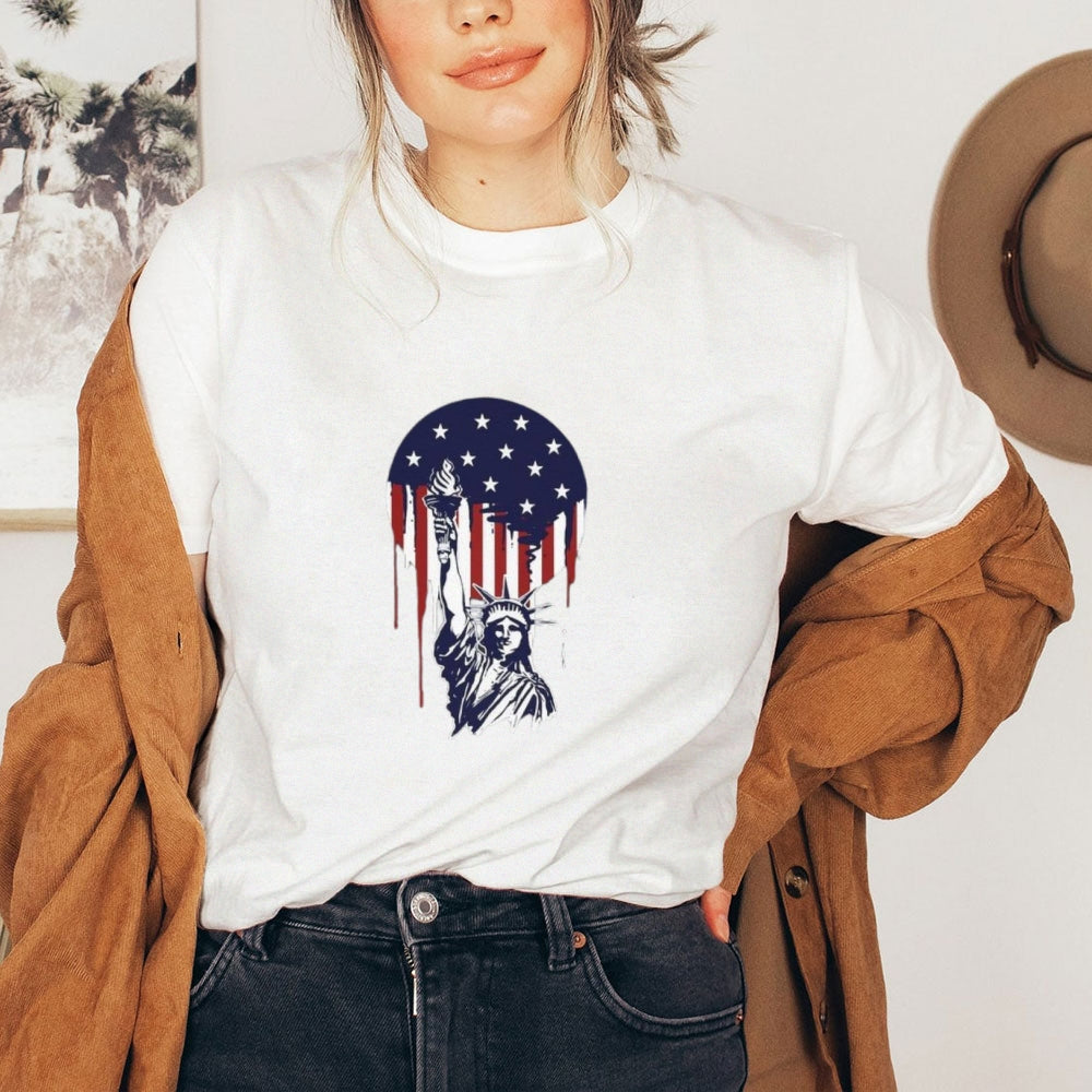 Women Independence Day Freedom Flag Print T-shirt