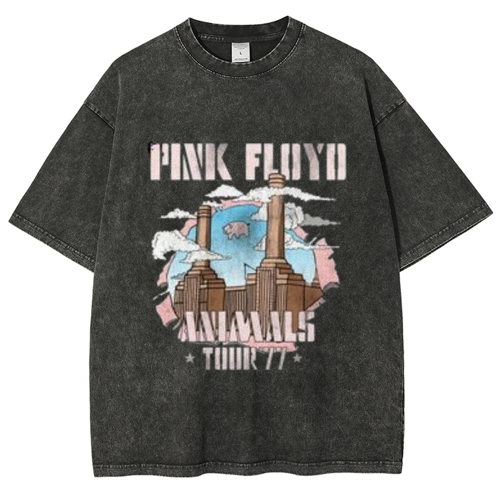 Unisex Vintage The Pink Rock Band Print Short Sleeve Casual Graphic Washed T-shirt