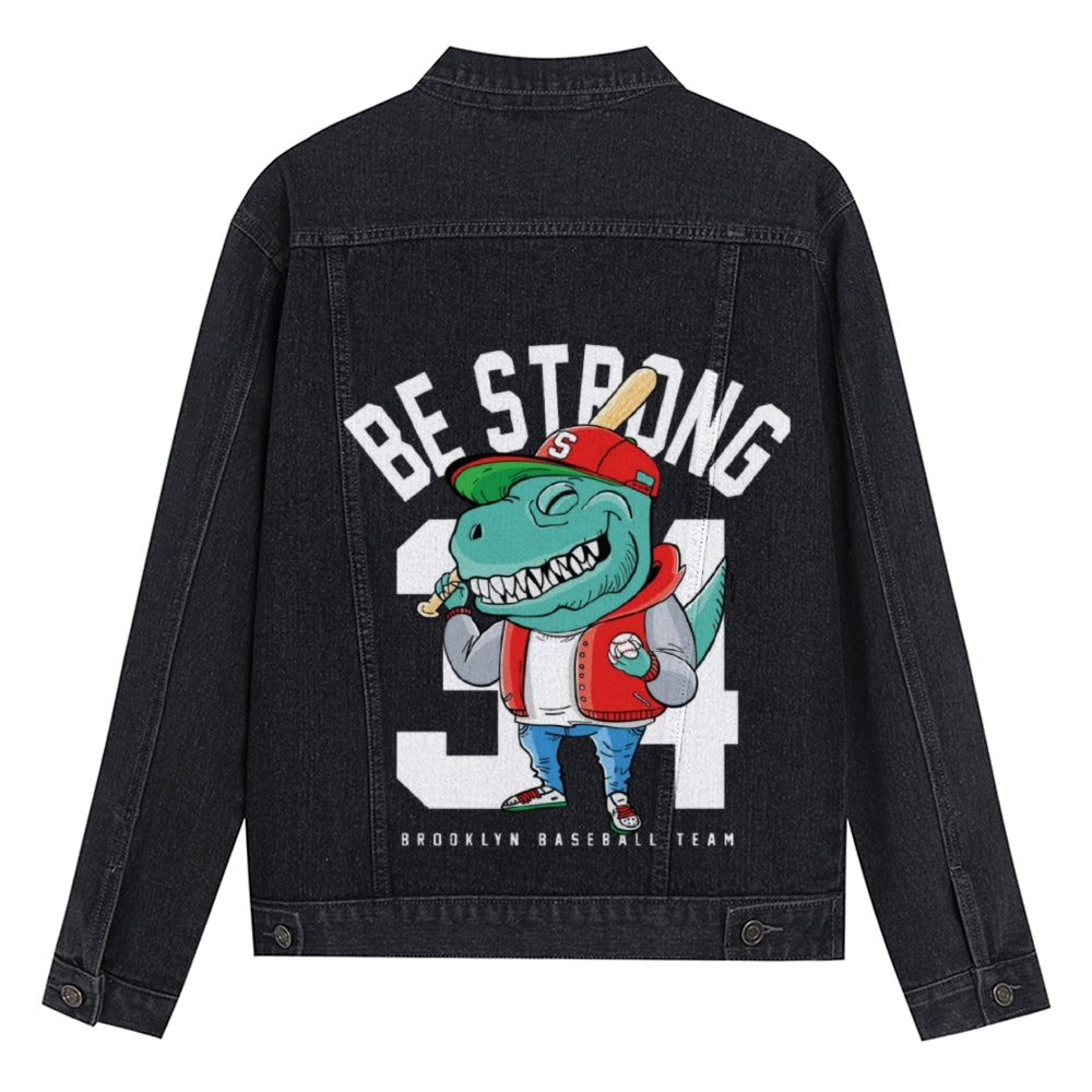 Mens Vintage Cartoon Prints Be Strong 34 Denim Jacket