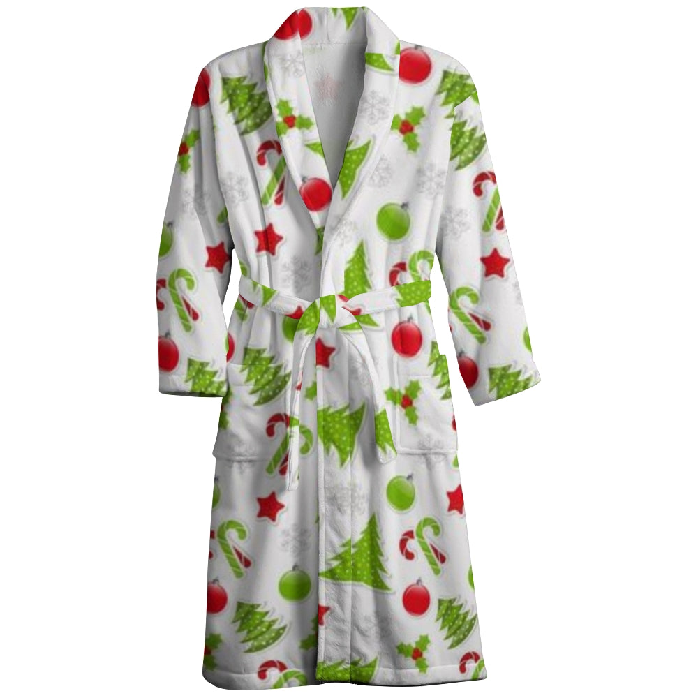 Mens Belt Merry Christmas Candy Print Fleece Lounge Robe