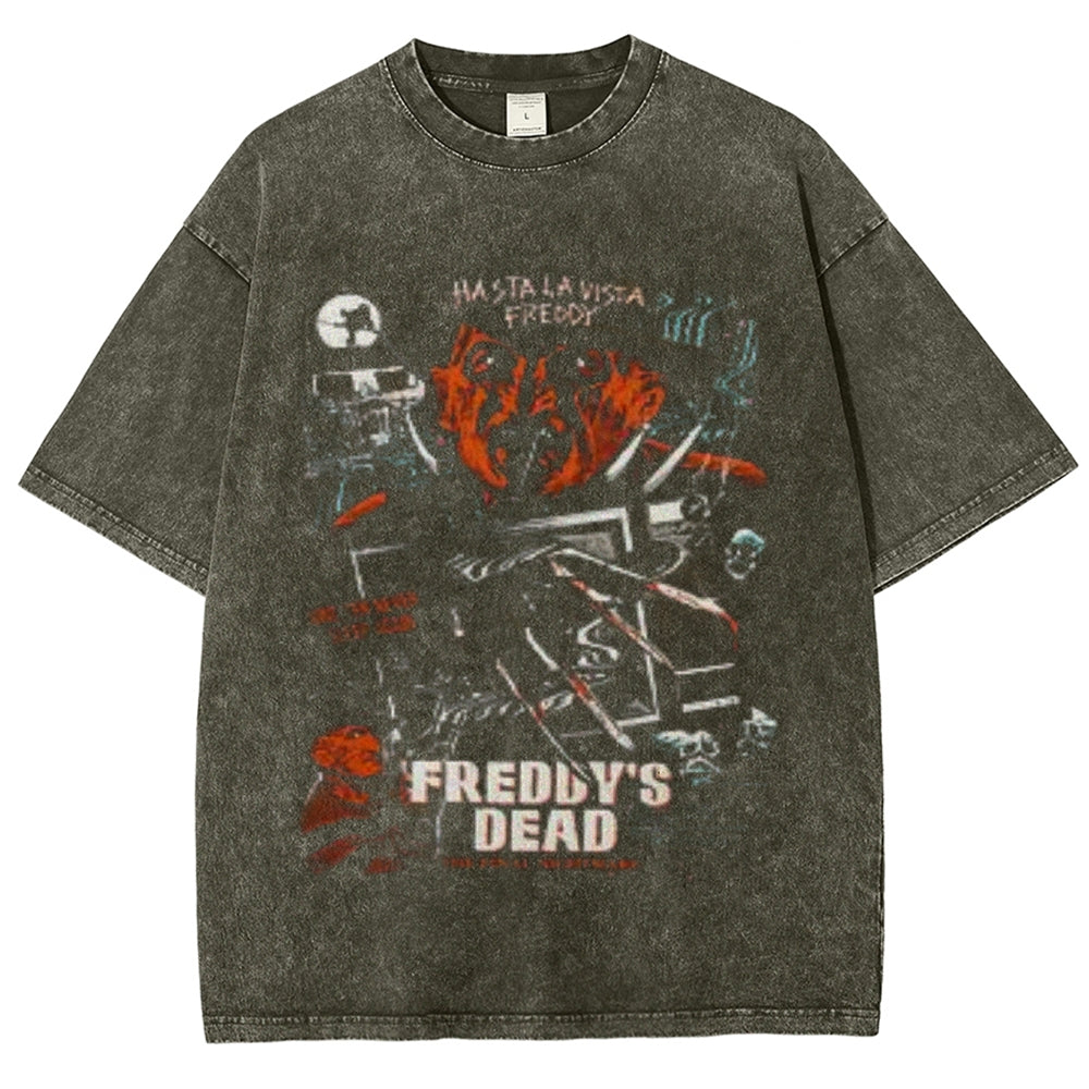 Unisex Vintage Freddy Dead Scary Graphic Short Sleeve Washed T-shirt