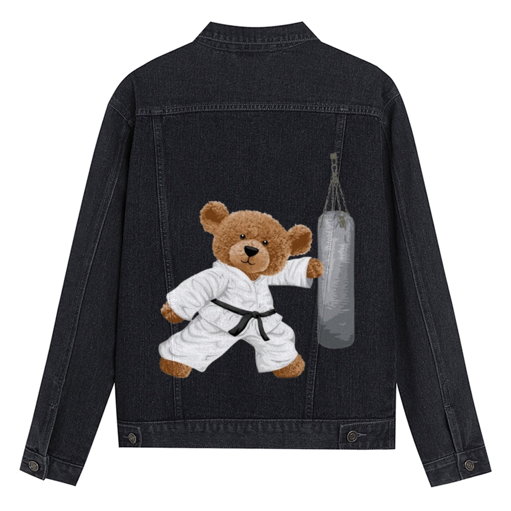 Mens Vintage Cartoon Cute Taekwondo Bear Prints Denim Jacket