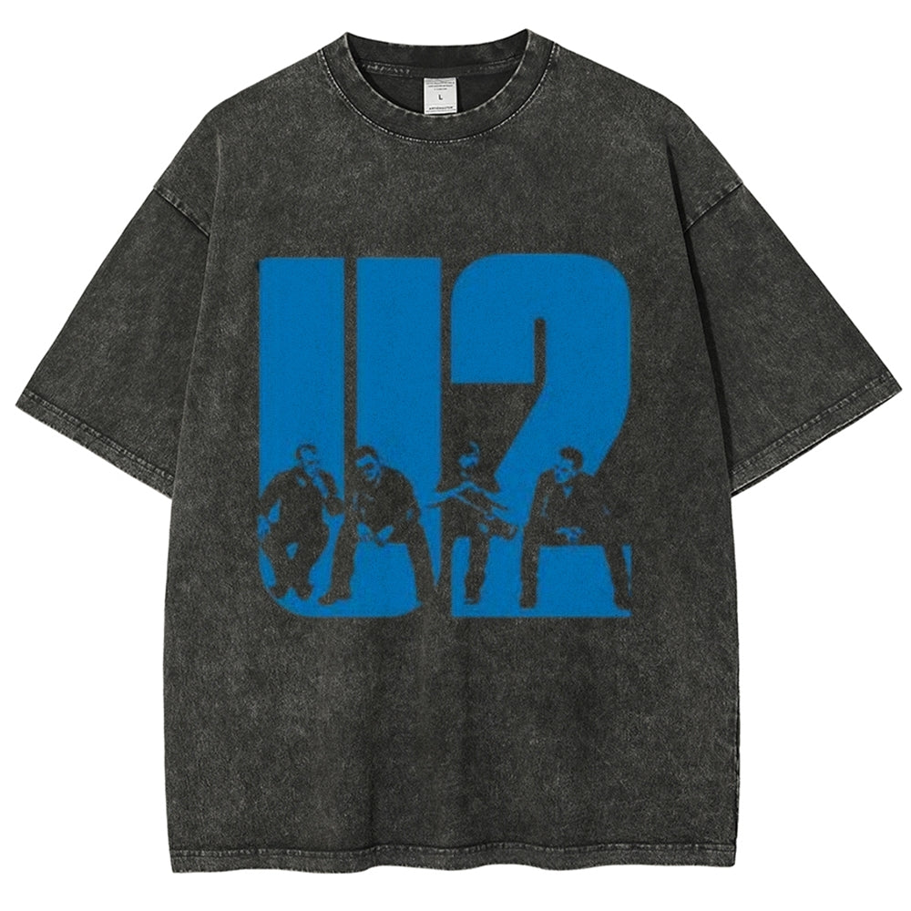 Unisex Vintage The U2 Rock Band Print Short Sleeve Casual Graphic Washed T-shirt