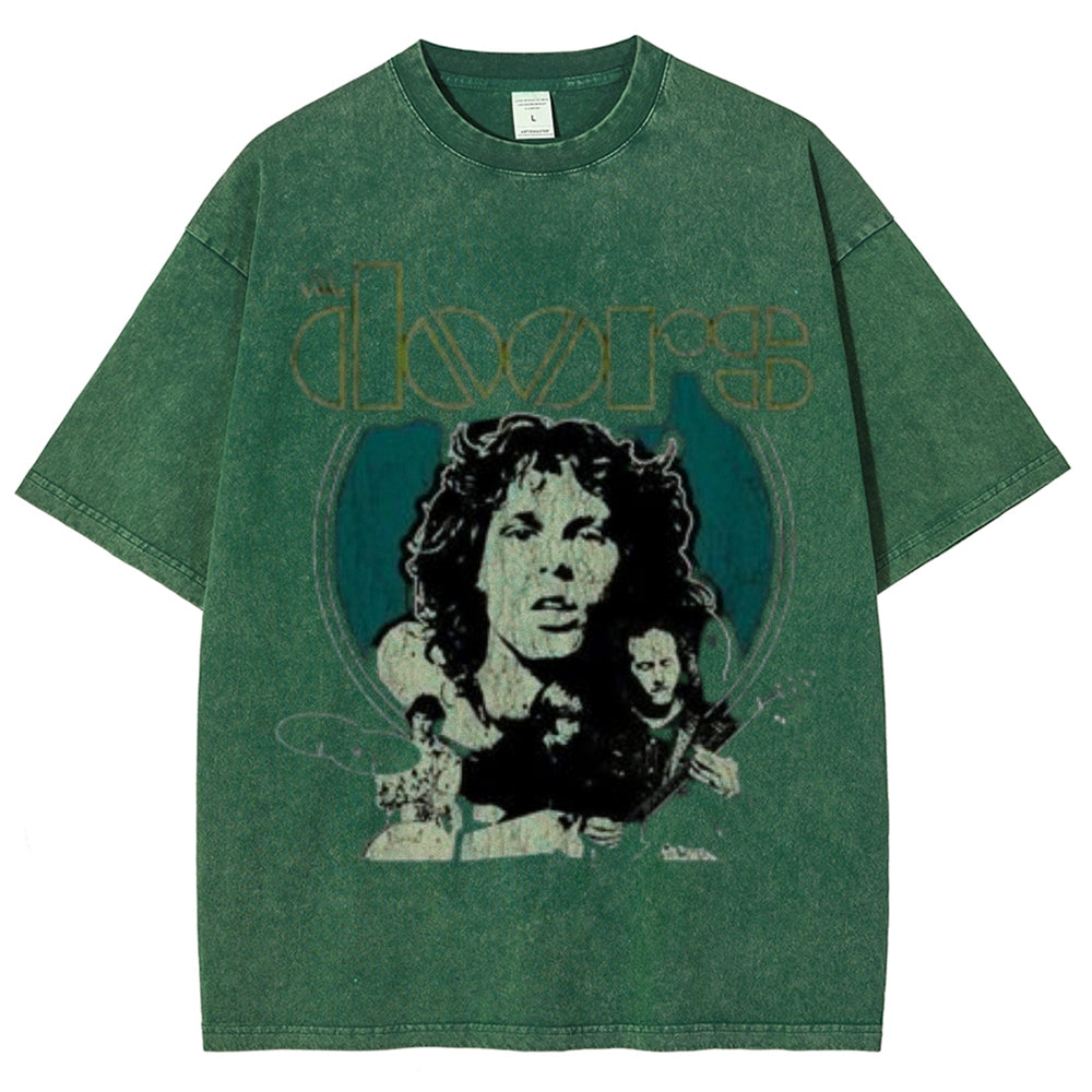 Unisex Vintage The Doors Rock Band Print Short Sleeve Casual Graphic Washed T-shirt