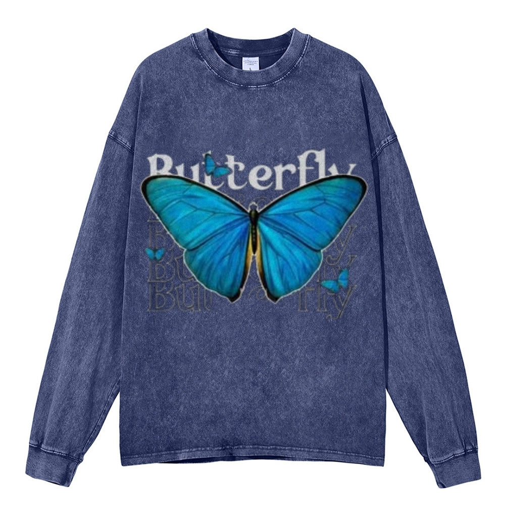 Oversized Vintage Washed Blue Butterfly Graphic Sweatshirt