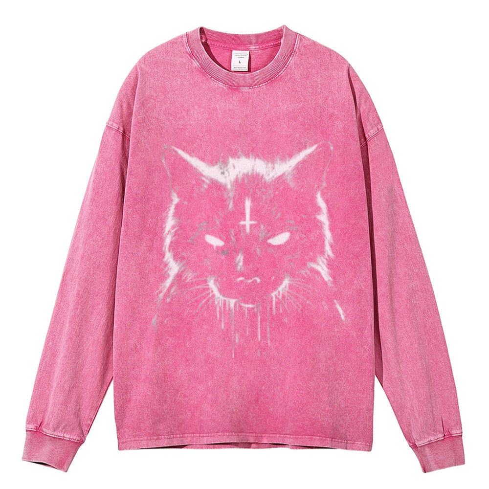 Oversized Vintage Washed Black Cat Graphic Sweatshirt