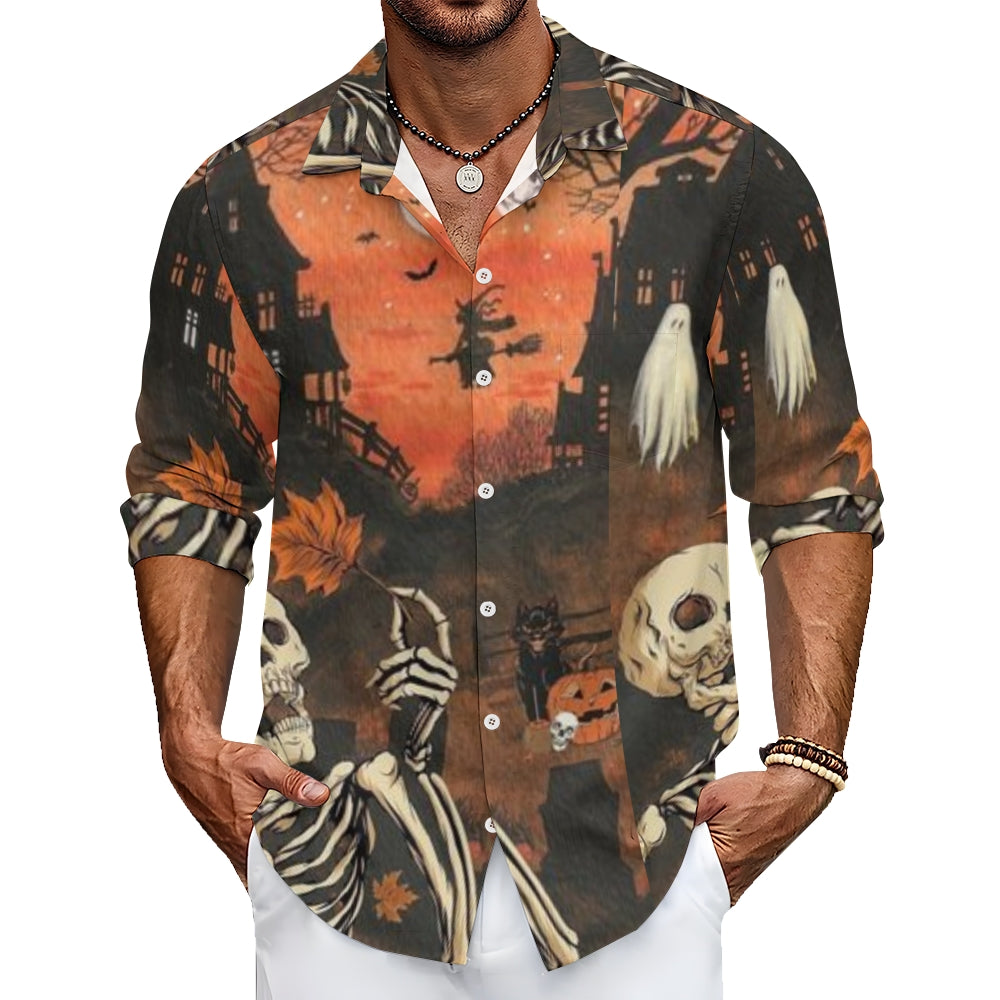 Mens Halloween Scary Night Print Long Sleeve Shirt