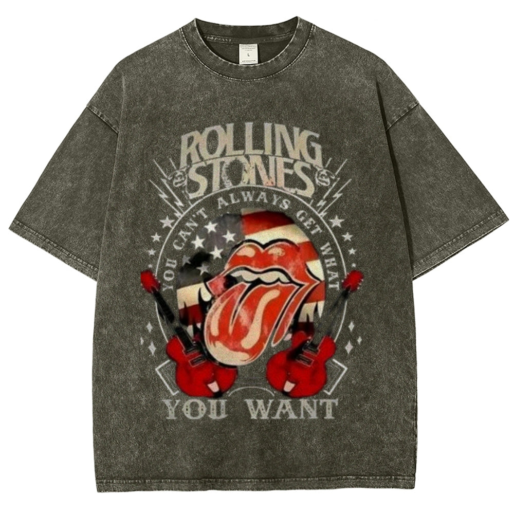 Unisex Vintage The Rolling Stone Rock Band Print Short Sleeve Casual Graphic Washed T-shirt