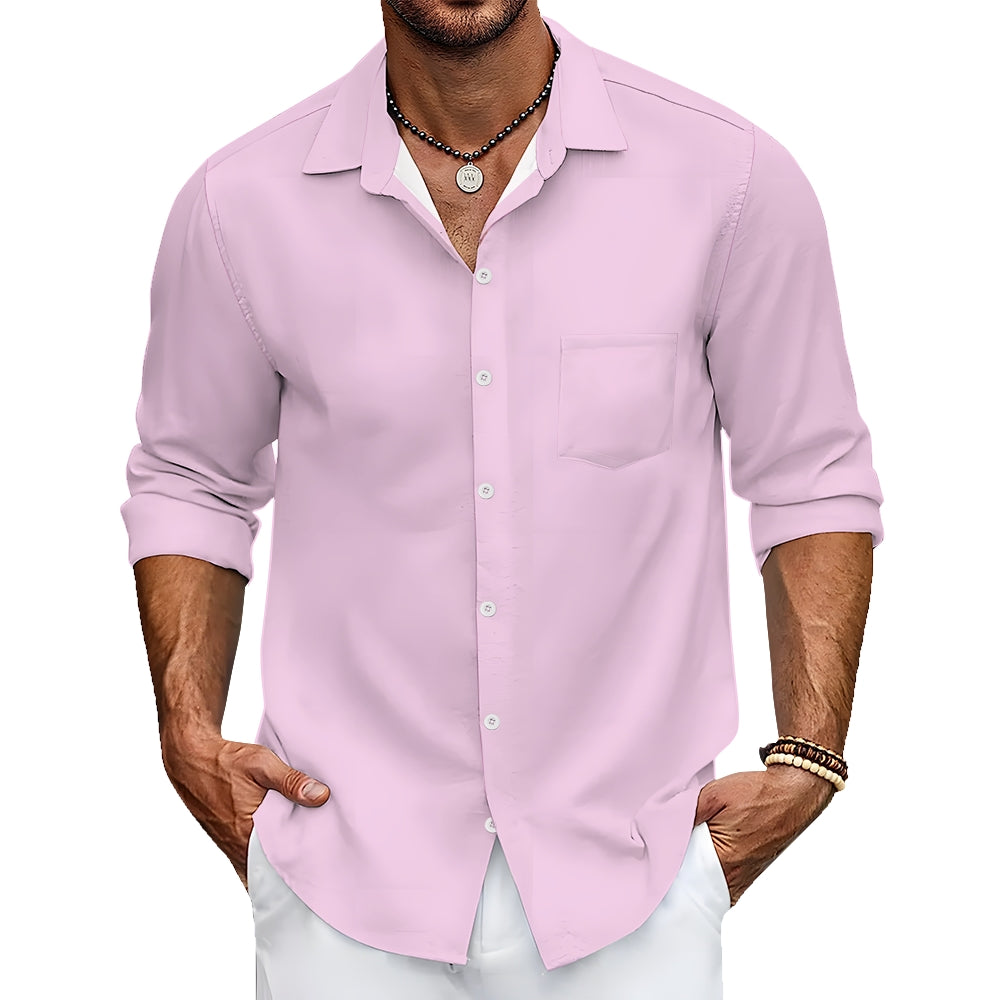 Mens Pink Solid Color Long Sleeve Shirt