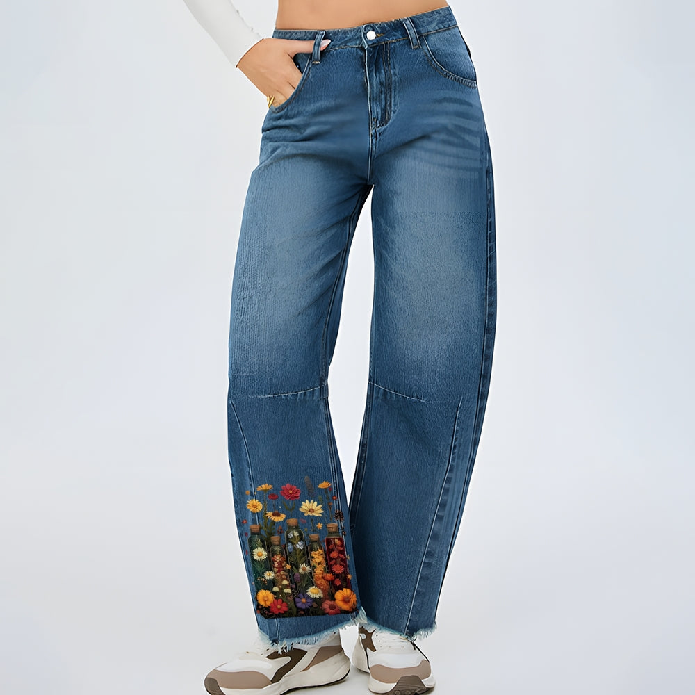 Women Boho Wildflower Floral Graphic Baggy Straight Leg Jean