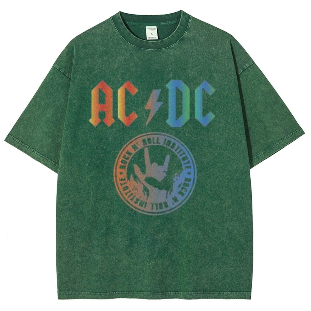 Unisex Vintage The Acdc Rock Band Print Short Sleeve Casual Graphic Washed T-shirt