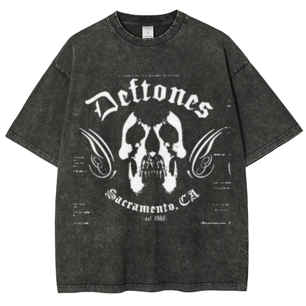 Unisex Vintage The Deftones Rock Band Print Short Sleeve Casual Graphic Washed T-shirt