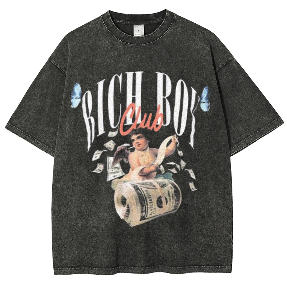 Unisex Vintage Rich Boy Club Graphic Short Sleeve Washed T-shirt