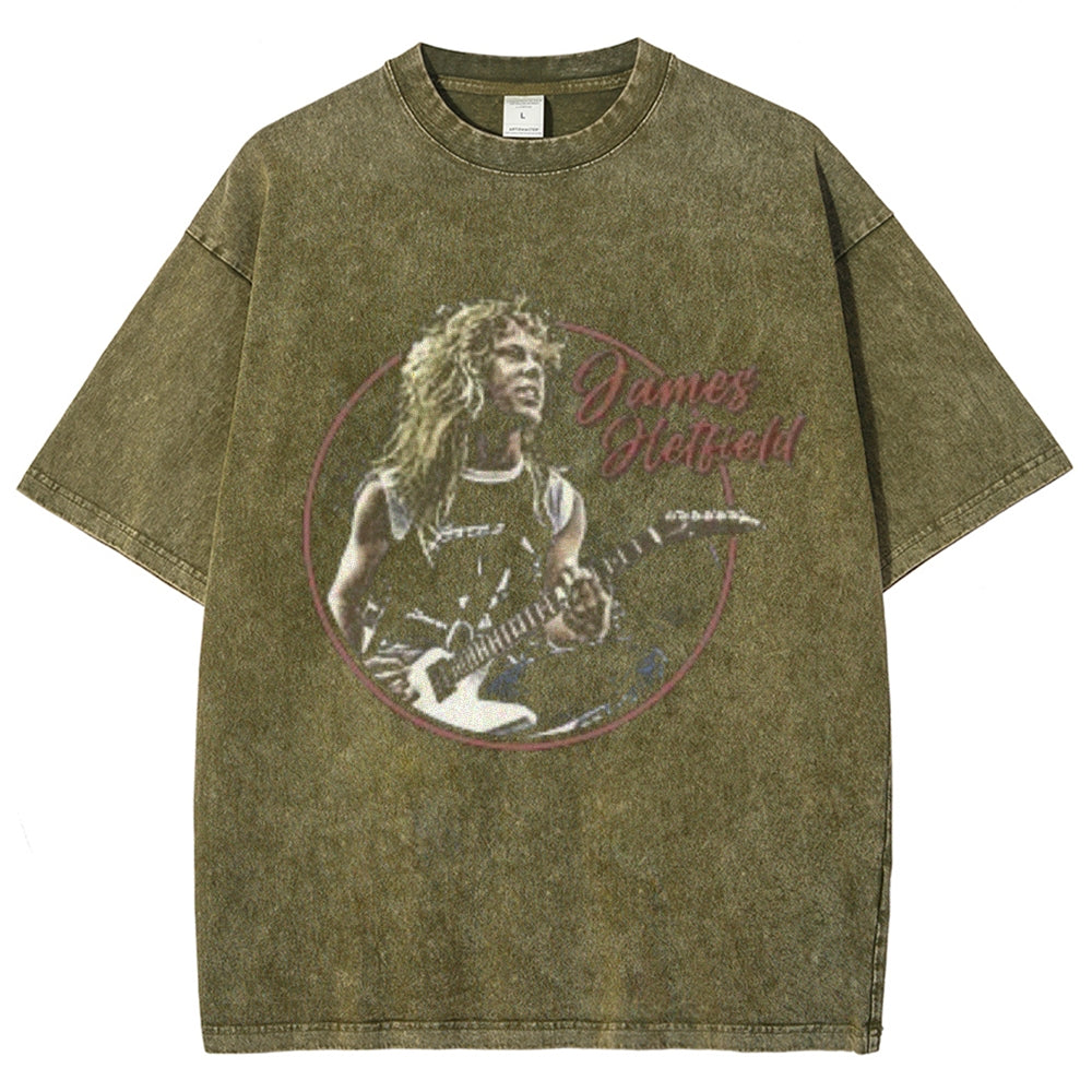 Unisex Vintage James With Guitar Graphic Short Sleeve Washed T-shirt