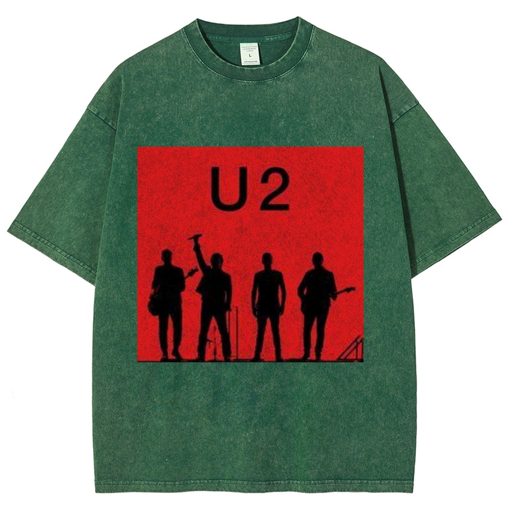 Unisex Vintage The U2 Rock Band Print Short Sleeve Casual Graphic Washed T-shirt