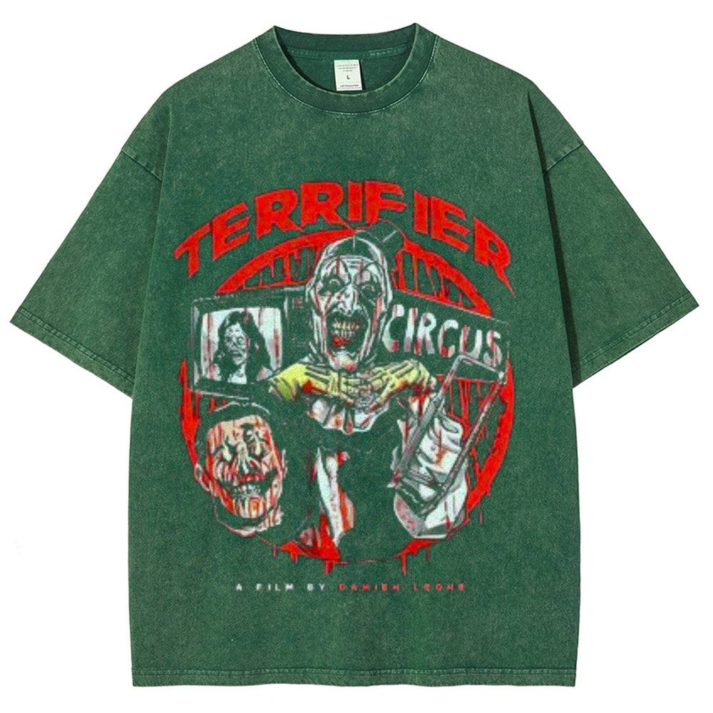 Unisex Vintage Terrifier Horror Graphic Short Sleeve Washed T-shirt