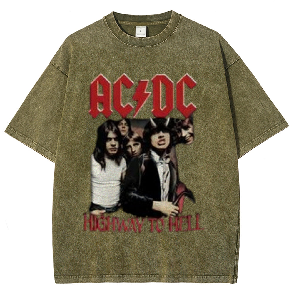 Unisex Vintage The Acdc Rock Band Print Short Sleeve Casual Graphic Washed T-shirt