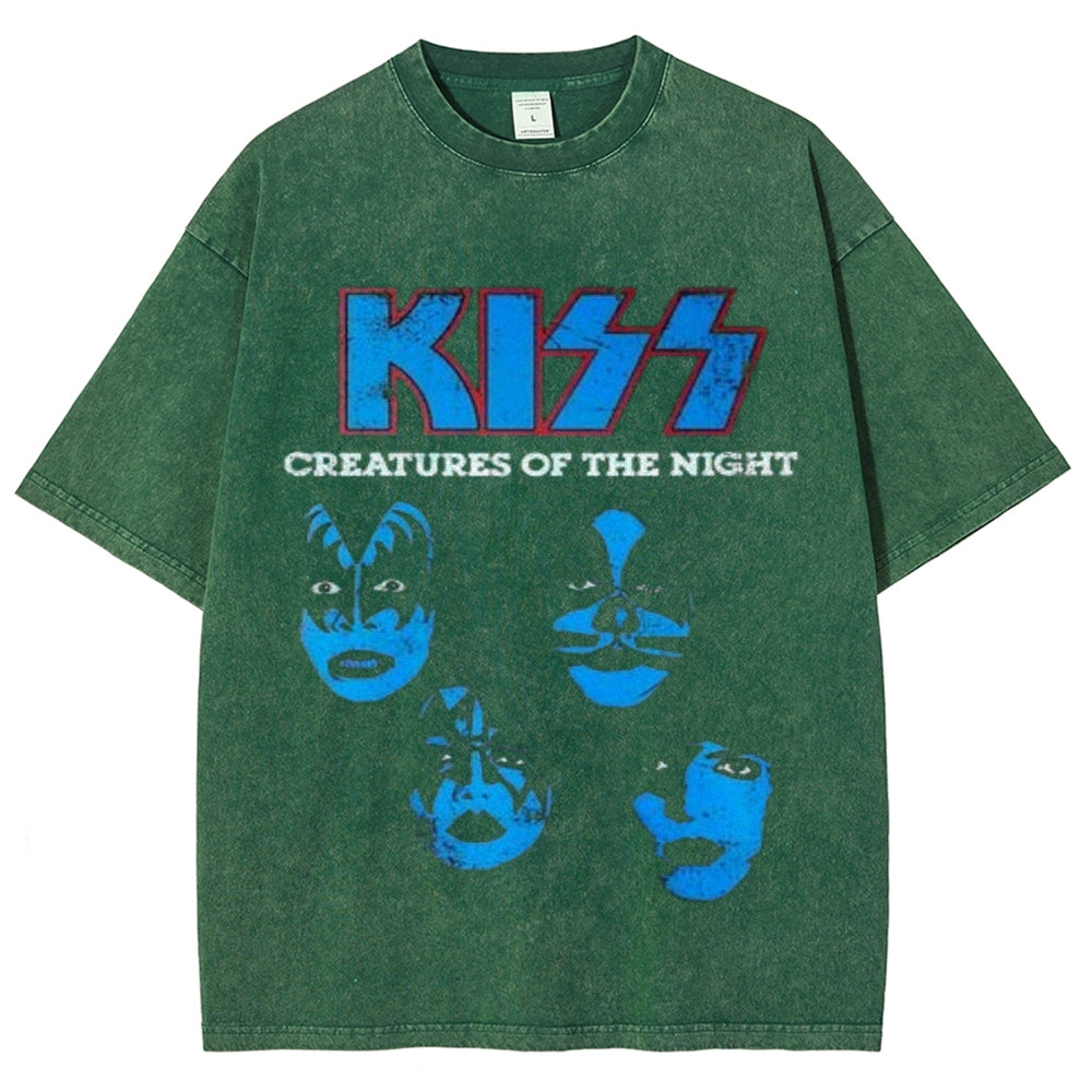 Unisex Vintage The Kiss Rock Band Print Short Sleeve Casual Graphic Washed T-shirt