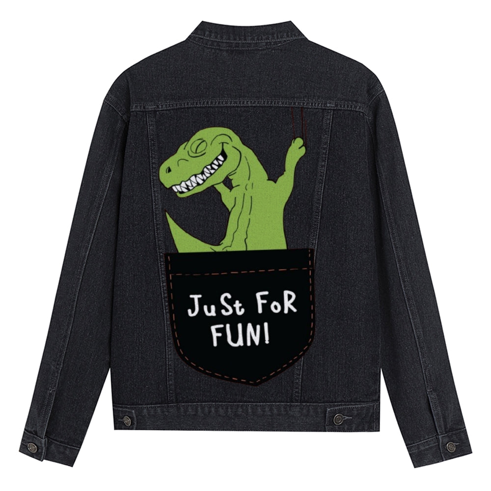 Mens Vintage Cartoon Prints Cute Green Dinosaur Just For Fun Denim Jacket