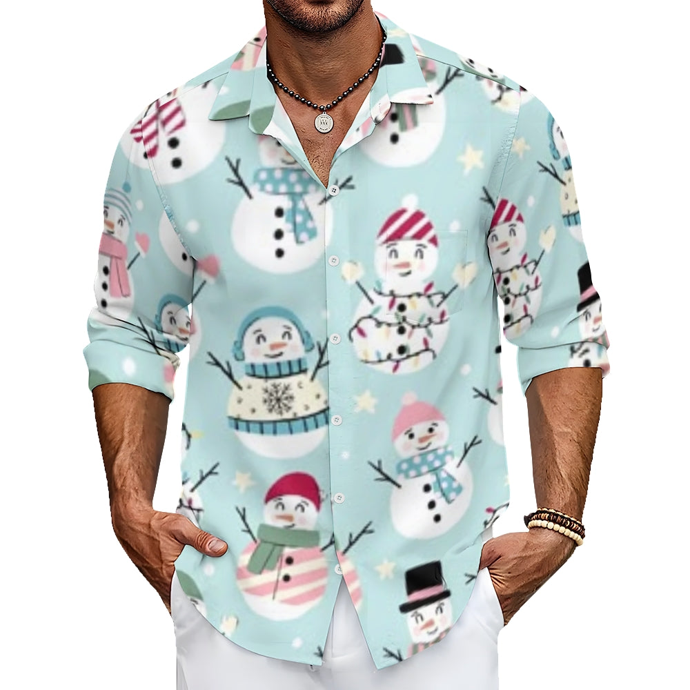 Mens Christmas Winter Snowman Print Long Sleeve Shirt