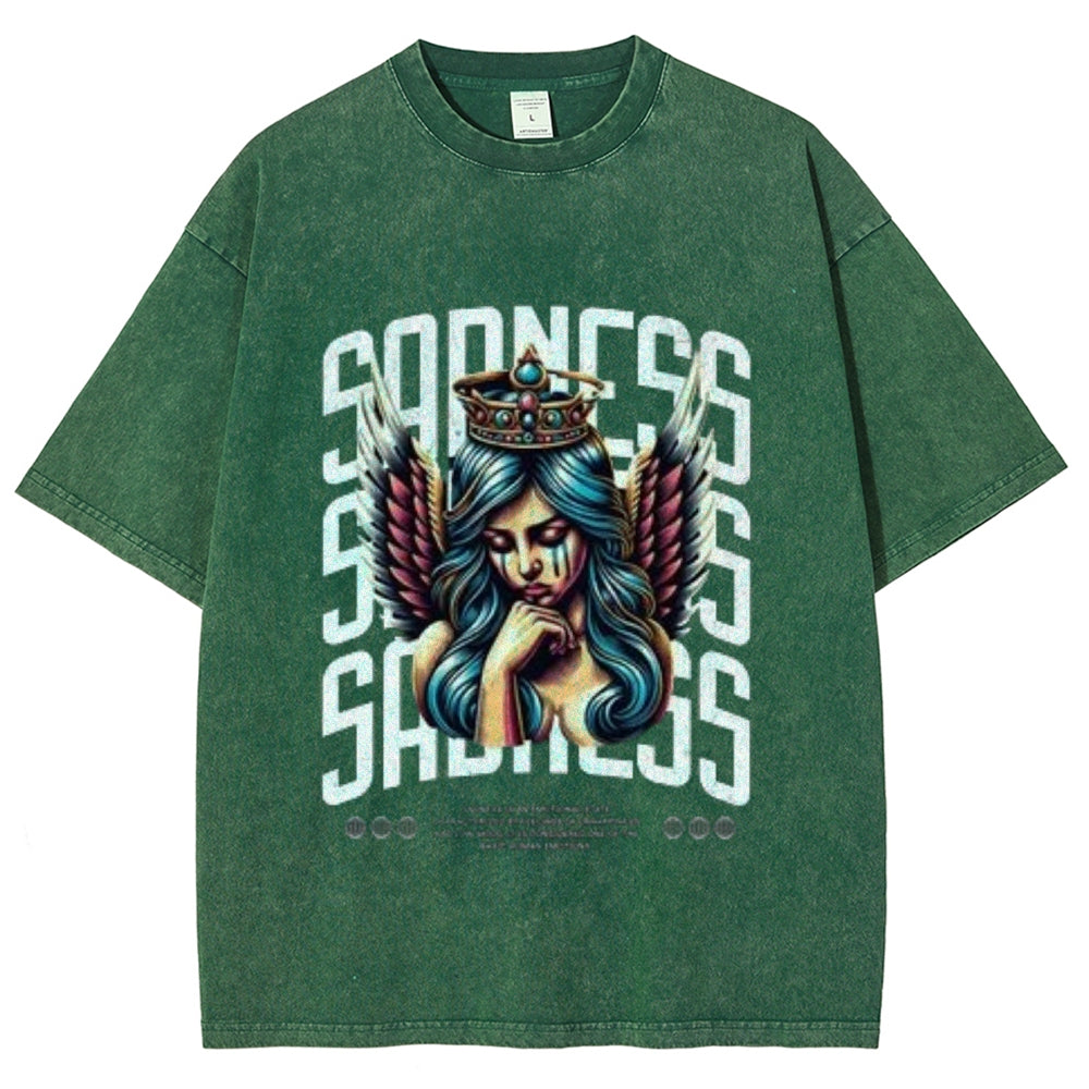 Women Washed Vintage Sading Angel Graphic T-shirt