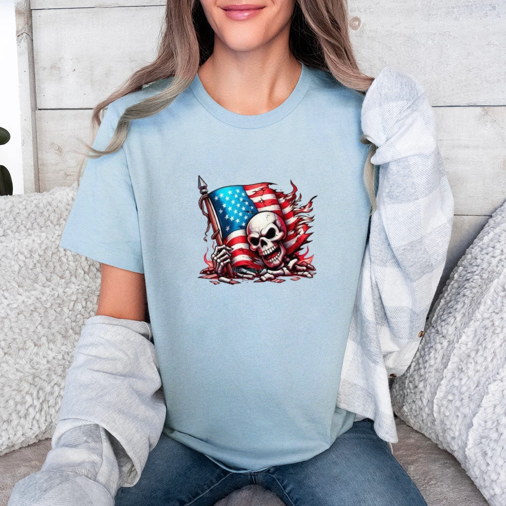 Women Flag Independence Day Skull Print T-shirt