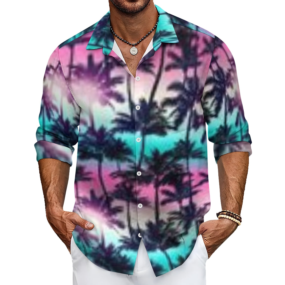 Mens Sunset Palm Pink Turquoise Ombre Long Sleeve Shirt