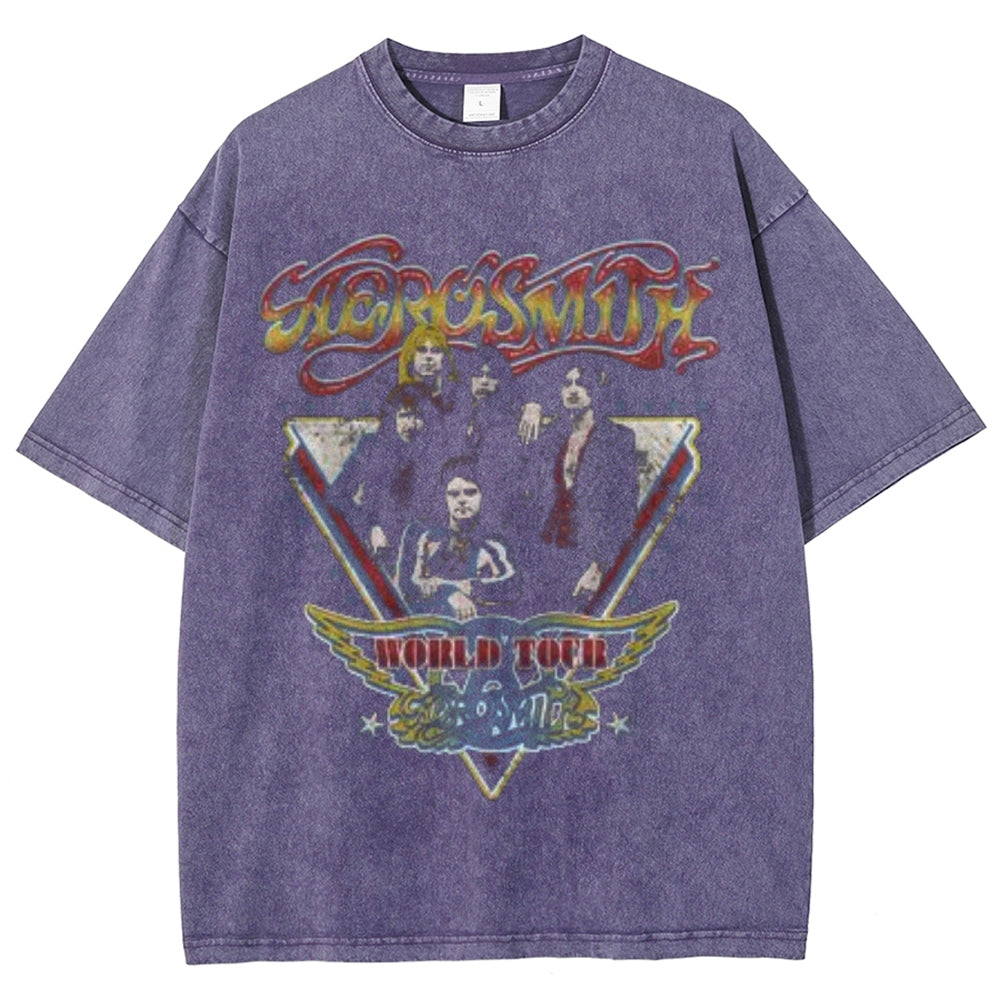 Unisex Vintage Aerosmith World Tour Graphic Short Sleeve Washed T-shirt