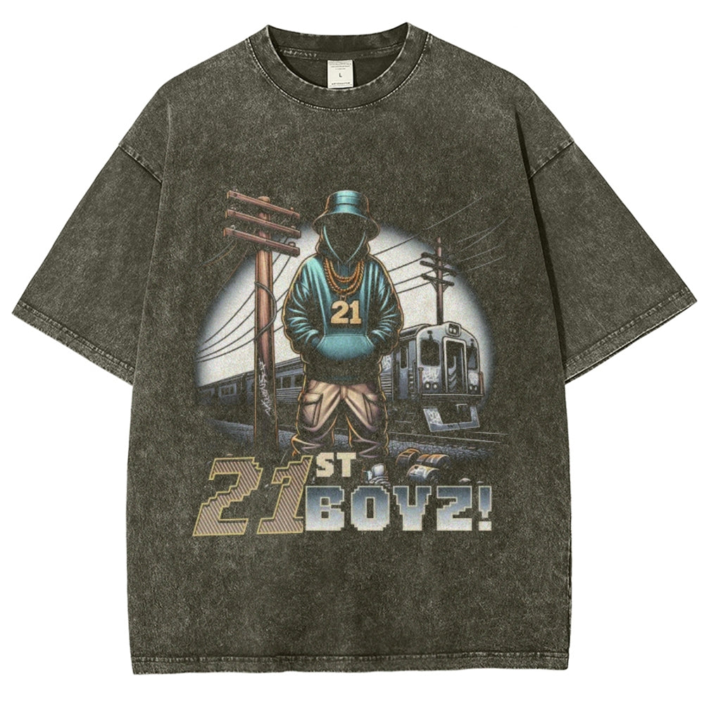 Unisex Vintage 21 Boys Darkness Style Graphic Short Sleeve Washed T-shirt