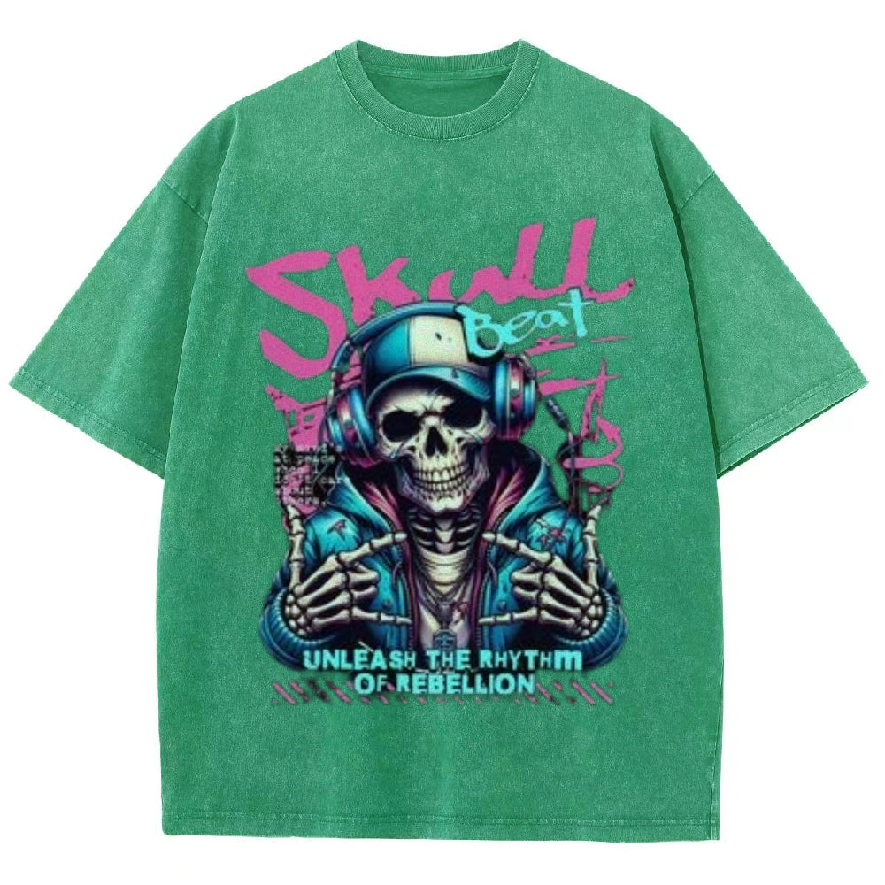 Women Washed Vintage Skull Beat Graphic T-shirt