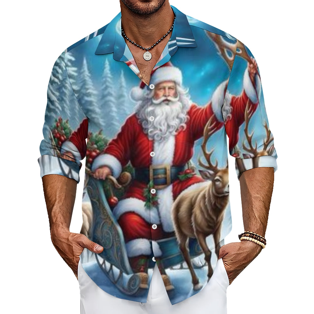 Mens Christmas Santa Claus Reindeer Print Long Sleeve Shirt