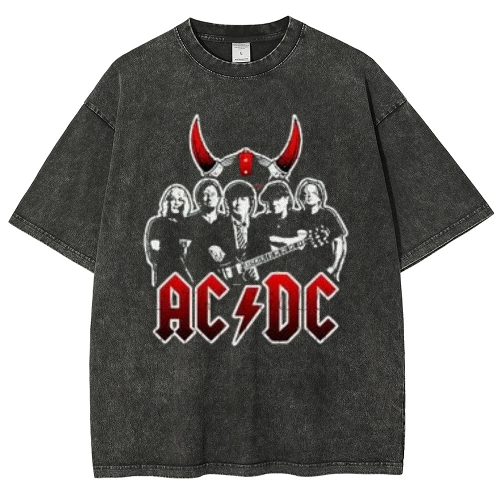 Unisex Vintage The Acdc Rock Band Print Short Sleeve Casual Graphic Washed T-shirt