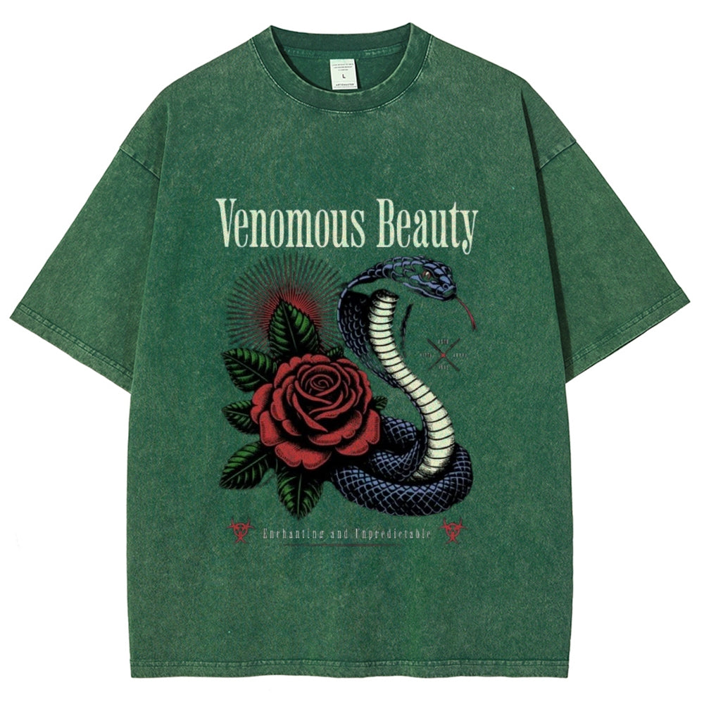 Women Washed Vintage Beauty Rose Snake Graphic T-shirt