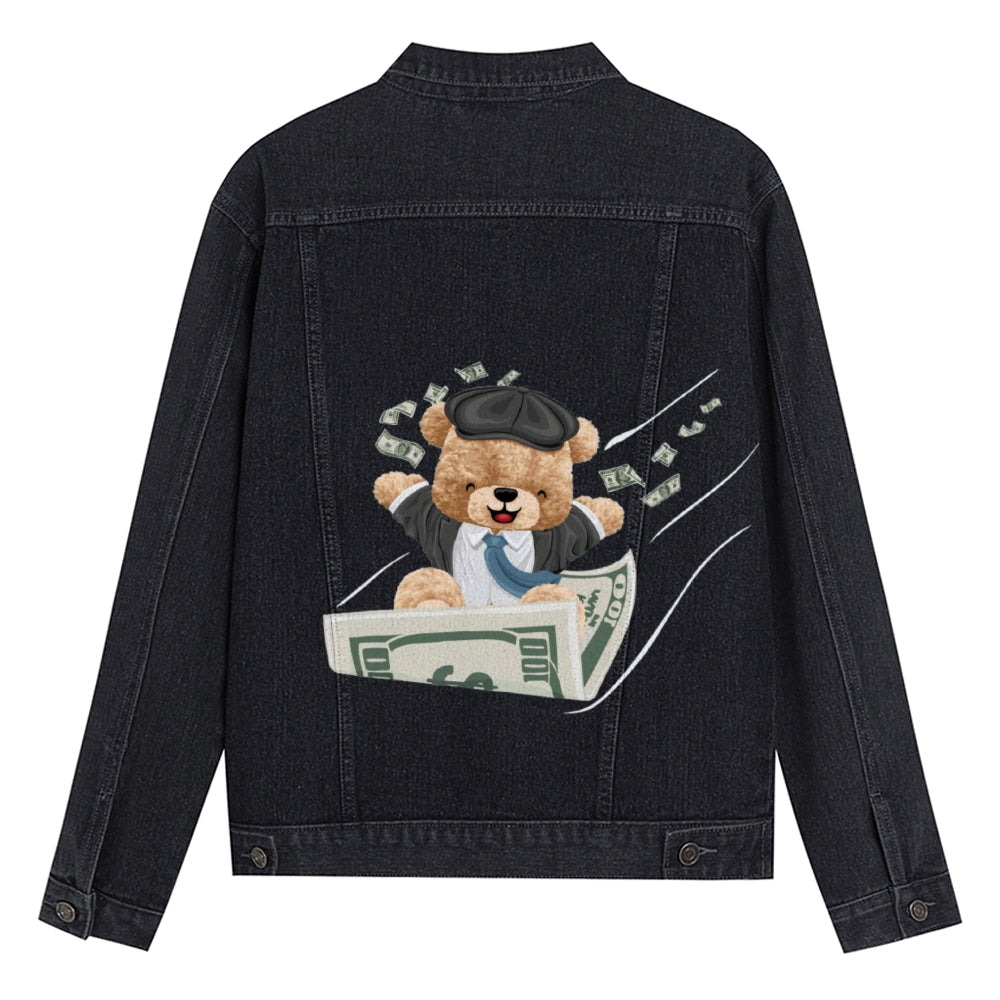 Mens Vintage Cartoon Cute Bear Prints Denim Jacket