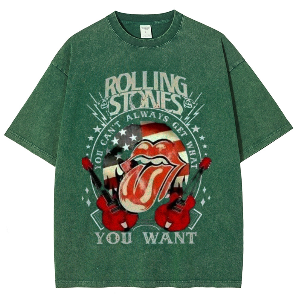 Unisex Vintage The Rolling Stone Rock Band Print Short Sleeve Casual Graphic Washed T-shirt