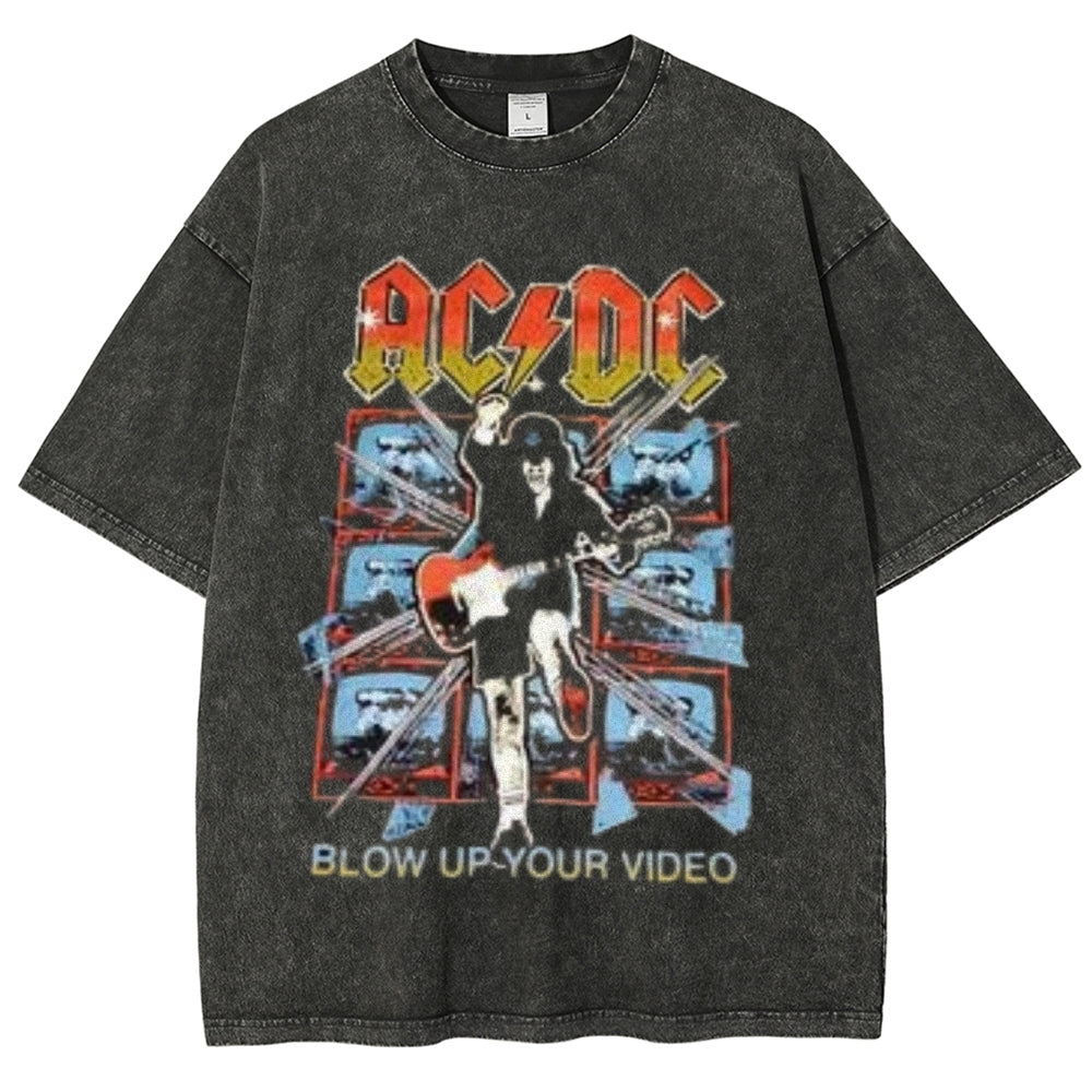 Unisex Vintage The Acdc Rock Band Print Short Sleeve Casual Graphic Washed T-shirt