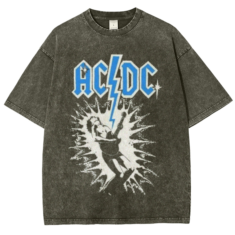 Unisex Vintage The Acdc Rock Band Print Short Sleeve Casual Graphic Washed T-shirt