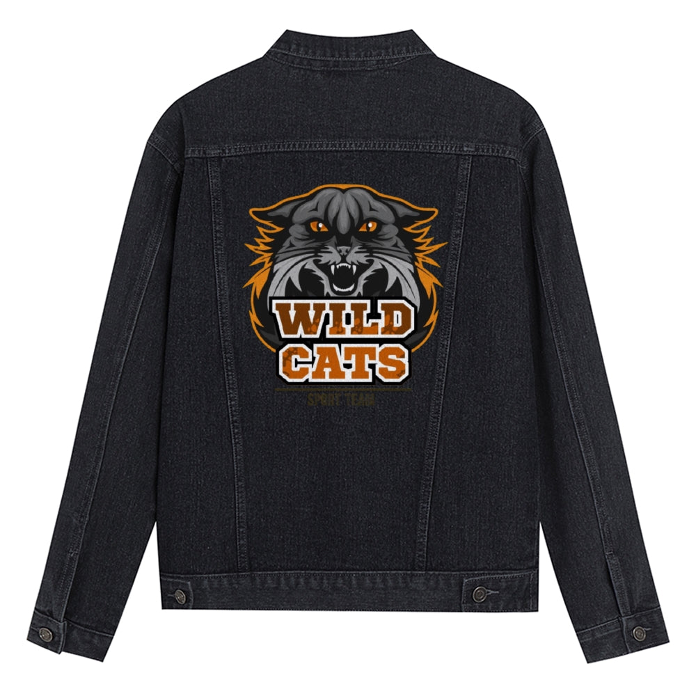 Mens Vintage Cartoon Prints WILD CATS Denim Jacket