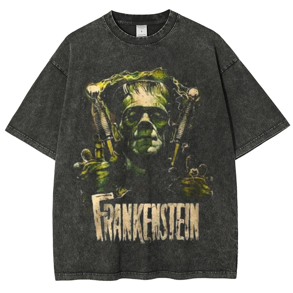 Unisex Vintage Frankenstein Monster Horror Graphic Short Sleeve Washed T-shirt