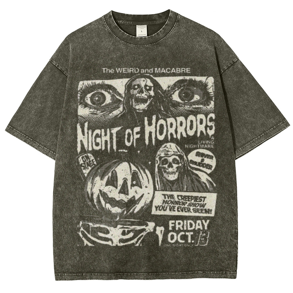 Unisex Vintage Night of Horrors Graphic Short Sleeve Washed T-shirt