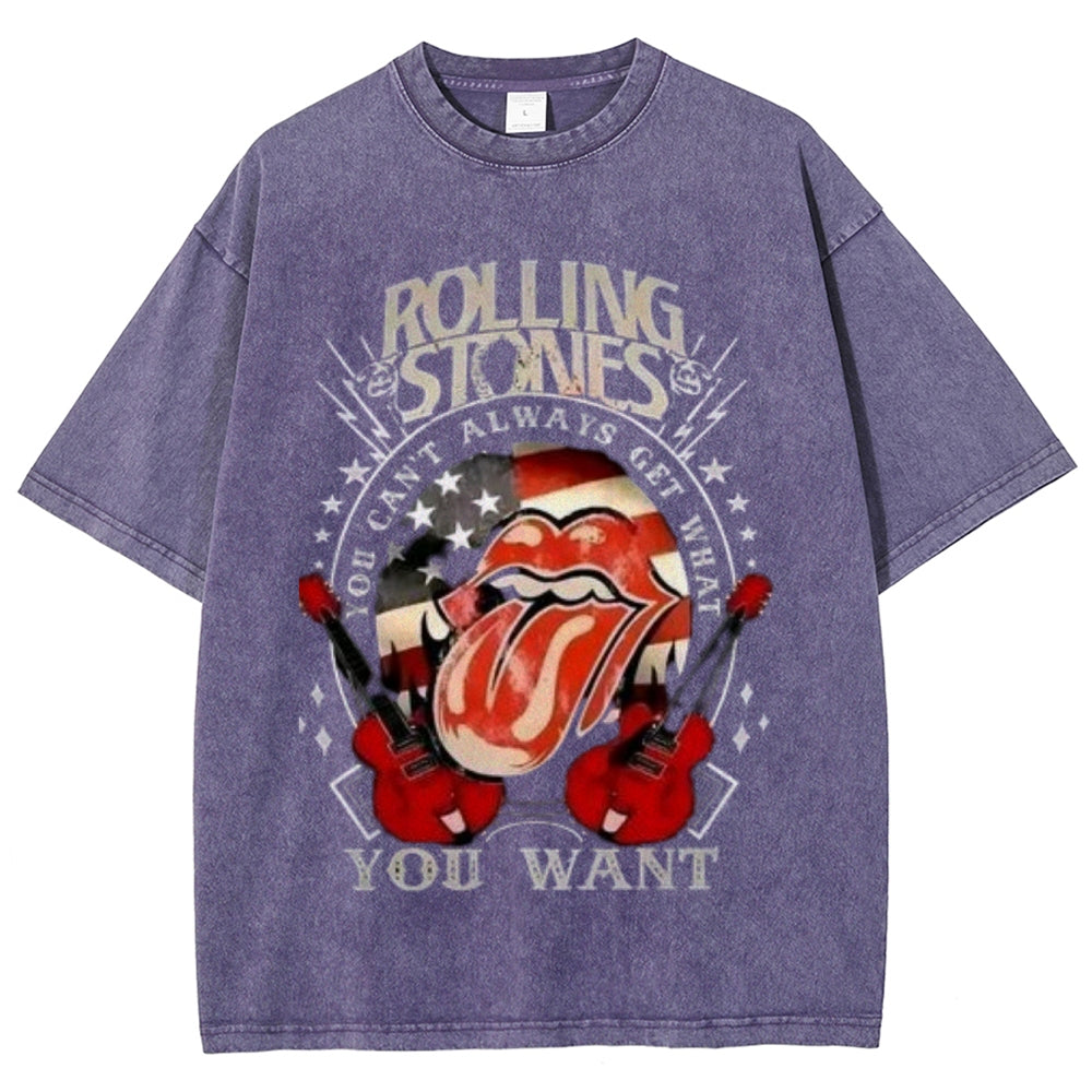 Unisex Vintage The Rolling Stone Rock Band Print Short Sleeve Casual Graphic Washed T-shirt