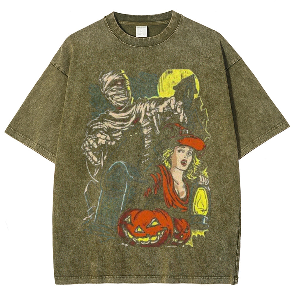 Unisex Vintage Haunted Trails Horror raphic Short Sleeve Washed T-shirt