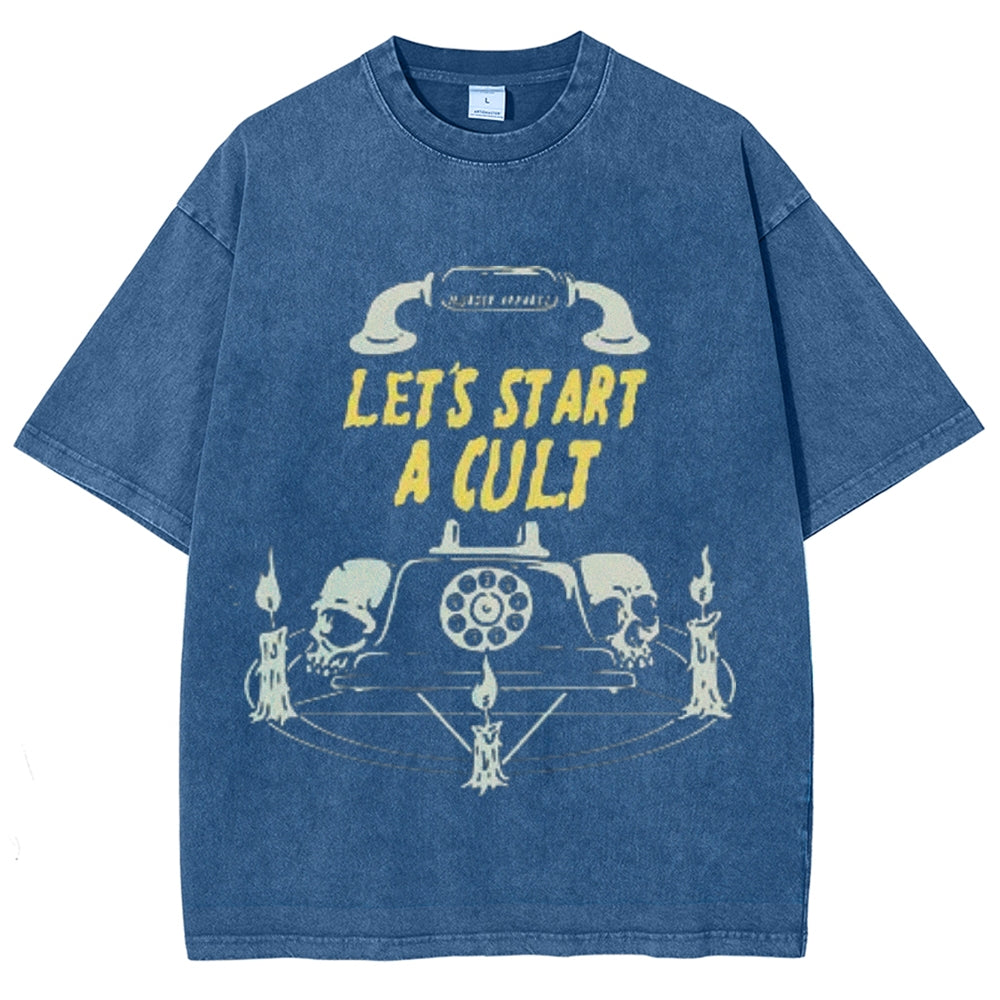 Unisex Vintage Let's Start A Cult Graphic Short Sleeve Washed T-shirt