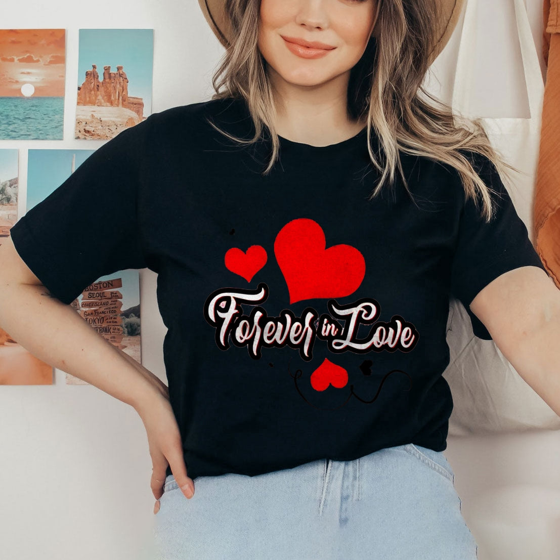 Women Valentine's Day Forever Love Heart Print Graphic T-shirt