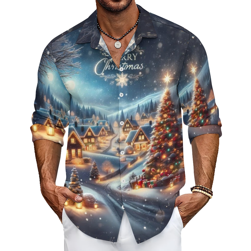 Mens Merry Christmas Winter Snow Print Long Sleeve Shirt