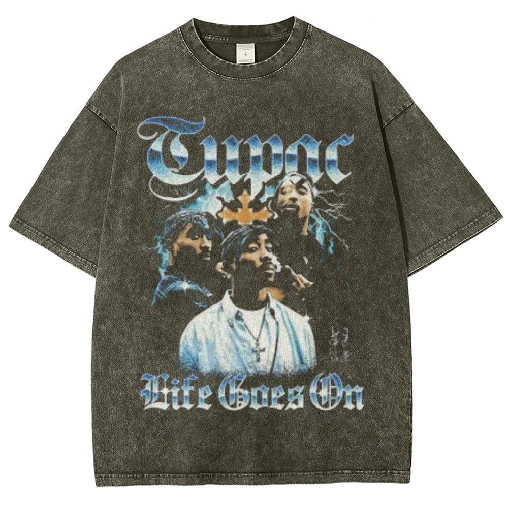 Unisex Vintage Tupac Life Goes On Graphic Short Sleeve Washed T-shirt