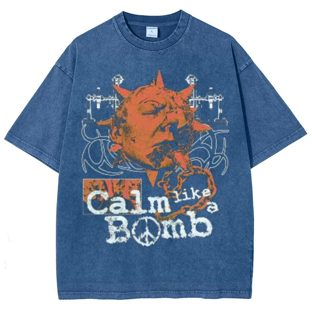 Unisex Vintage Calm Like A Bomb Graphic Short Sleeve Washed T-shirt