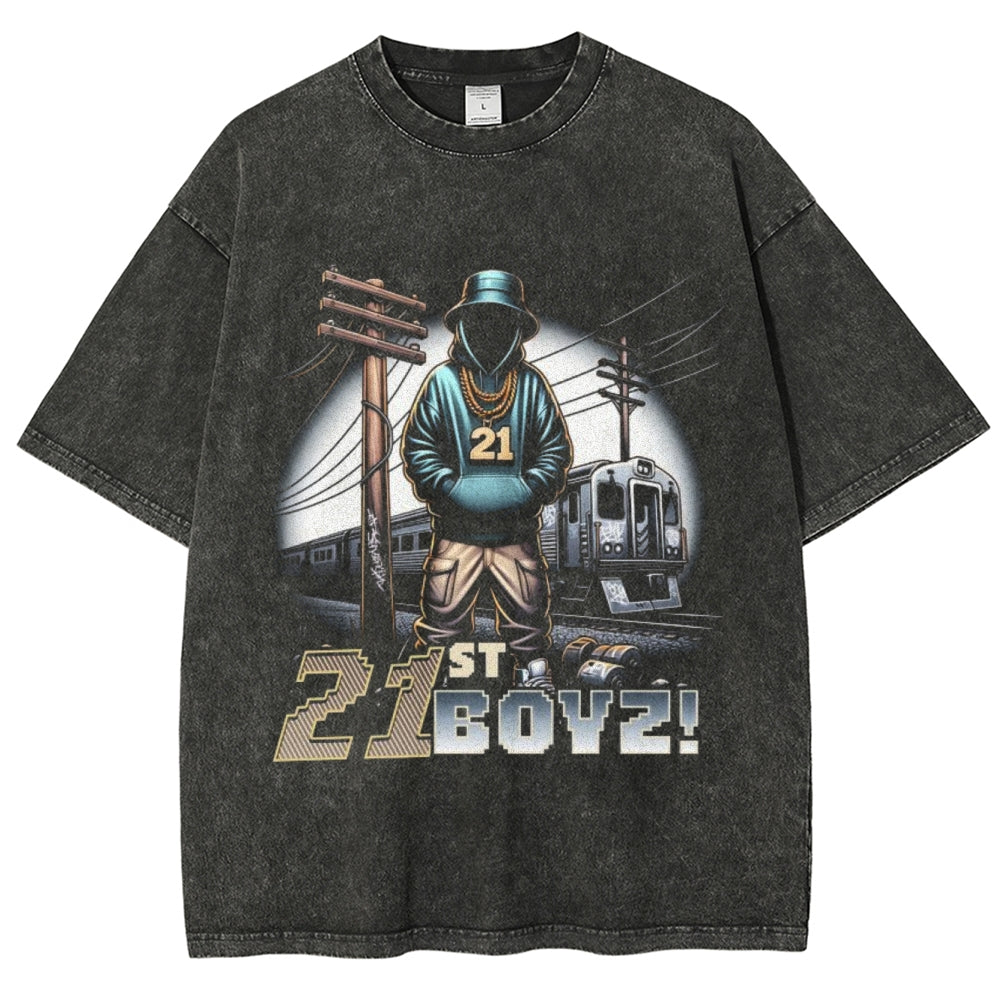 Unisex Vintage 21 Boys Darkness Style Graphic Short Sleeve Washed T-shirt