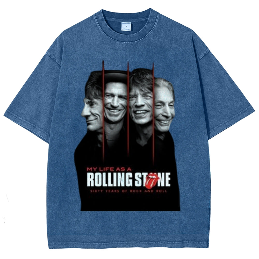 Unisex Vintage The Rolling Stone Rock Band Print Short Sleeve Casual Graphic Washed T-shirt